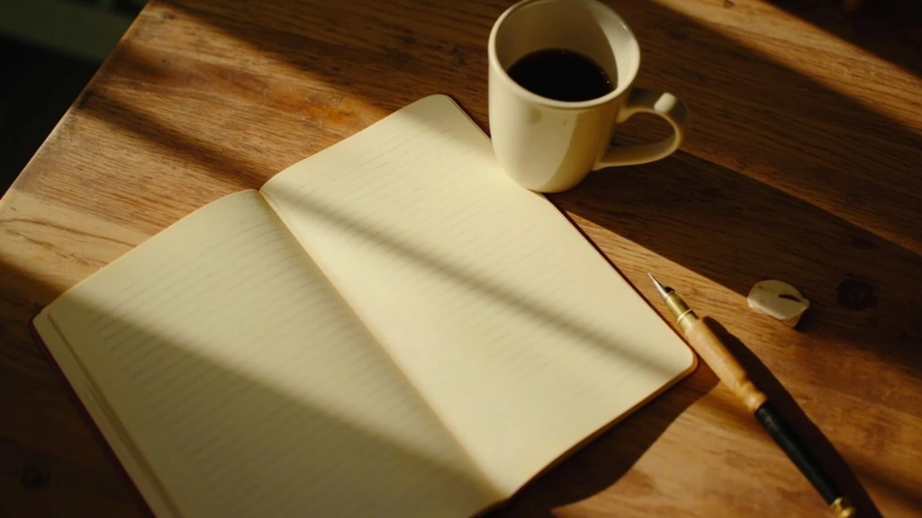 A softly lit editorial spread of an open notebook on a wooden desk, a half-drunk coffee, and a single pen — the feeling of finally writing down a secret.