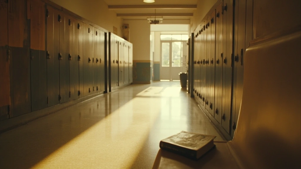 Quiet school hallway with an old yearbook left open on a bench