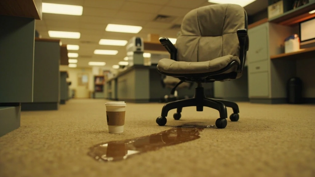 An empty office chair beside a spilled coffee, photographed by a horrified coworker.
