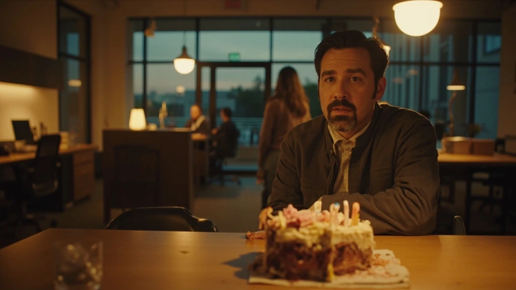 A quiet office at dusk with a lonely birthday cake.