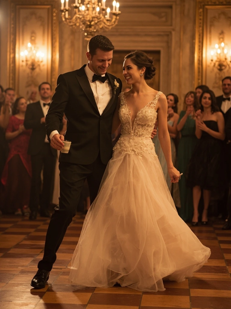 A wedding guest caught mid-faux-pas on the dance floor